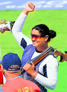Shreyasi celebrates after winning a silver medal in double trap event on Sunday. 