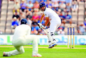 Alastair Cook looks on as he edges the ball short of Ajinkya Rahane during the third Test in Southampton on Sunday.