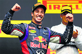 Daniel Ricciardo celebrates after winning the Hungarian Grand Prix at the Hungaroring circuit, near Budapest, on Sunday.