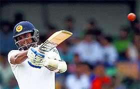 Sri Lankas captain Angelo Mathews hits a boundary on Day 4 of the second Test in Colombo on Sunday.