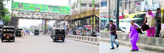 A view of the foot overbridge in front of the railway station; and (right) passengers cross the road instead of using it in Amritsar.