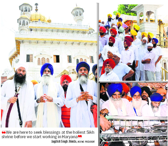(Clockwise from left) Haryana Sikh Gurdwara Management Committee president Jagdish Singh Jhinda and other members in front of Akal Takht in Amritsar on Monday; SGPC task force members deployed at Akal Takht and Jhinda peforms 'sewa' at the Golden Temple.
