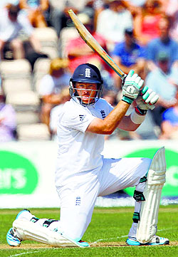 Ian Bell plays a shot during the second days play in the third Test between England and India at the Ageas Bowl cricket ground in Southampton.