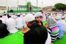 Muslims offer namaaz on the occasion of Eid-ul-Fitr in Bathinda on Tuesday.