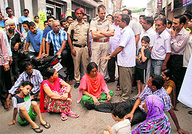 The victims family protests at Mehna Chowk in Bathinda on Tuesday.