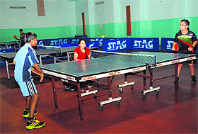 Players in action during a match of the Inter-school Table Tennis Championship for Boys in Chandigarh.