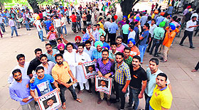 Student leaders with their party posters at the Student Centre of Panjab University in Chandigarh.