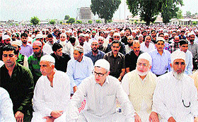 Chief Minister Omar Abdullah offers prayers at the Hazratbal shrine in Srinagar on Tuesday.