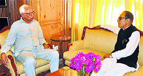 Congress MP Saif-ud-Din Soz with the Governor NN Vohra at Raj Bhavan in Srinagar on Tuesday.