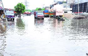 A waterlogged Transport Nagar road in Ludhiana on Tuesday. Similar is the condition of most roads in the low-lying areas
