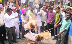 Members of the Punjab Municipal Workers Union and the Safai Sewak Union burn an effigy during a protest in Bathinda on Wednesday. A Tribune photograph