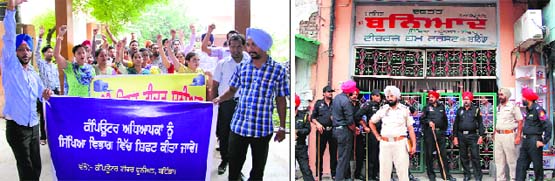 Members of the Computer Teachers Union raise slogans; and (right) the police personnel outside the Teachers Home in Bathinda on Wednesday. Tribune photo