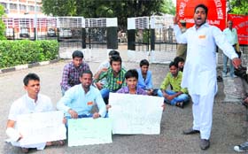 ABVP members stage a protest in front of the Vice-Chancellor’s office at Panjab University in Chandigarh on Wednesday
