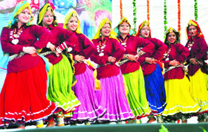 Girls perform Haryanavi dance duirng Teej celebrations at Haryana Raj Bhawan in Chandigarh on Wednesday.