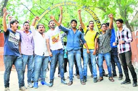 Activists of the National Panthers Students Union protest in Jammu on Wednesday