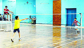 Players in action on the second day of the Ludhiana District Badminton Championship.