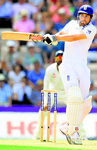 Englands captain Alastair Cook plays a pull shot on Day 4 of the third Test against India at the Rose Bowl in Southampton on Wednesday. 