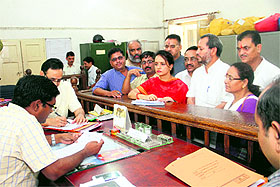 Madhu Chauhan,BJP candidate for the post of chairperson, Dehradun panchayat, files her papers in Dehradun on Wednesday.