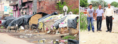 The hutments surrounding New Shakti Nagar; and (right) residents point to the sorry state of affairs in New Shakti Nagar.