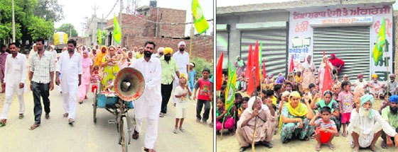 Members of BKU (Ekta Ugrahan) and Punjab Khet Mazdoor Union hold a protest march against drugs and the Punjab Goverments polices; (right) they stage a dharna outside a liqour shop at Maur Charat Singh village in Bathinda. 