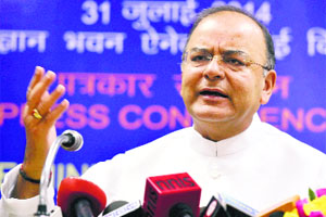 Finance Minister Arun Jaitley addresses a press conference after a meeting with the CEOs of public sector banks in New Delhi on Thursday.