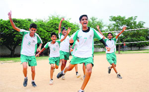 Players of DAV Senior Secondary School, Sector 8, in a jubilant mood after winning a match at the Inter-School Volleyball Championship being held in Sector 26, Chandigarh, on Thursday.