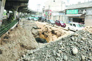 Commuters stand inconvenienced due to the road dug up at Jewel Chowk in Jammu.