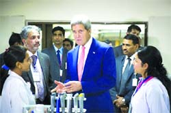 US Secretary of State John Kerry interacts with students at the Indian Institute of Technology in New Delhi on Thursday. PTI