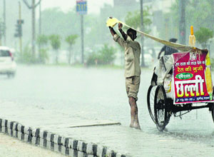 A vendor tries to shield himself and his wares from showers in Ludhiana on Thursday.