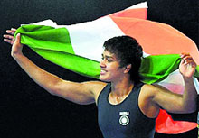 A jubilant Babita Kumari after winning the gold at Glasgow on Thursday