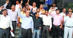 BSNL employees protest in Dehradun on Thursday. A Tribune photograph
