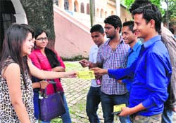 Student leaders canvass for elections at DAV PG College in Dehradun on Thursday. A Tribune photograph