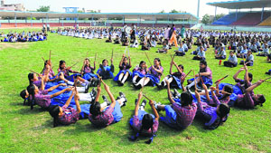 Students rehearse for the Independence Day celebrations at the Multipurpose Sports Stadium in Bathinda on Friday.