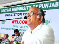 Vice-Chancellor of the Central University of Punjab addresses students during the orientation programme on the campus in Bathinda on Friday.