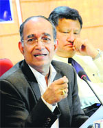 V S Sampath, Chief Election Commissionor of India, adresses a press conference in Chandigarh on Friday. H S Brahma, Election Commissioner, is also seen. 