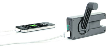This emergency cellphone charger can generate four minutes of emergency power with one minute of hand cranking
