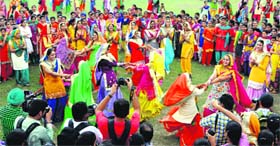 Students celebrate Teej festival at Khalsa college for Women in Amritsar on Saturday.