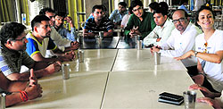 Aam Aadmi Party leader Gulkirat Kaur Panag (extreme right) interacts with the Chhatra Yuva Sangharsh Samiti members at Panjab University on Saturday