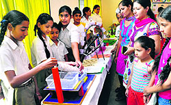 Students display models during the annual social studies and science exhibition at Saupins School, Sector 70, Mohali, on Saturday