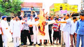 People burn an effigy of Barwala MLA Ramniwas Ghorela in Hisar on Saturday