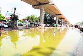 Sewage accumulated near Ajronda Chowk on the National Highway-2 in Faridabad on Saturday