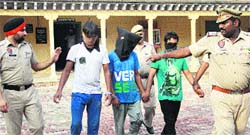 The three youths accused of involvement in snatching incidents in police custody in Jalandhar on Saturday. Photo: Sarabjit Singh