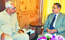 Governor NN Vohra with DC Raina, legal advisor, Shri Mata Vaishno Devi Shrine Board, at the Raj Bhawan in Srinagar on Saturday