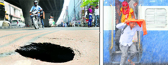 The road in front of the MC Zone A office, near Mata Rani Chowk, caved in; and (right) passengers run for cover as rain pours down at the railway station. 