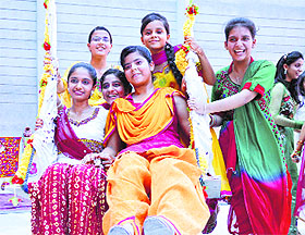 Students of Green Land Senior Secondary School have fun during the Teej celebrations.