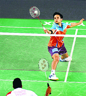 Parupalli Kashyap in action against Englands Rajiv Ouseph during the badminton semifinal on Saturday.