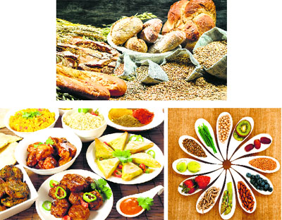 Clockwise from left: Our digestive tract suffers a setback when we eat poor quality and quantity of food; Fibrous foods like whole grains and multi-grain coarse breads are good for digestion; grains, cereals, nuts, legumes, beans, fruits, vegetables, etc. provide both soluble and insoluble fibre; and acidic, very spicy and high-fat foods can cause ulcers