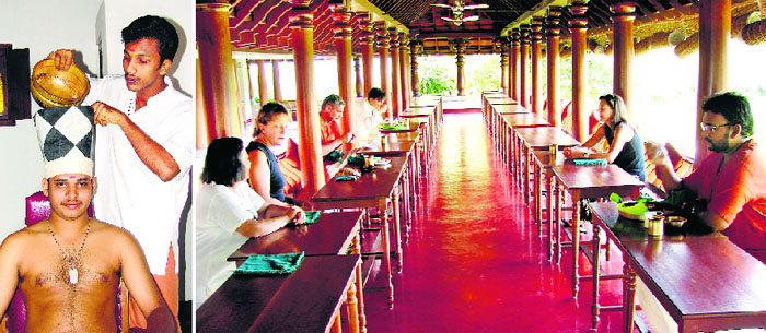 (Left) Memory-enhancing Sirovasthi treatment with warm medicated oil; and (right) the dining room filled with sunlight and fresh air