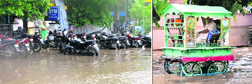 A road inundated with rain water; and (right) a vendor stranded on MM Malviya Road sits on his rehri to save himself from rain water in Amritsar.