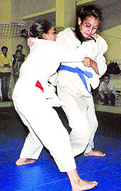 Players in action during the District Judo Championship at the Indira Gandhi Sports complex in Shimla on Sunday
